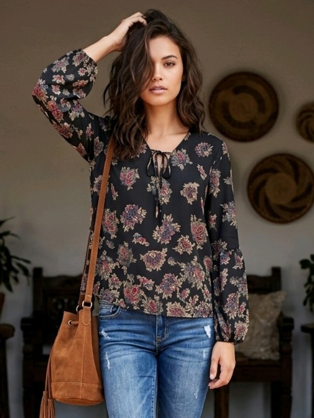Abercrombie & Fitch Sheer Black Floral Boho Tie-Neck Peasant Blouse XS